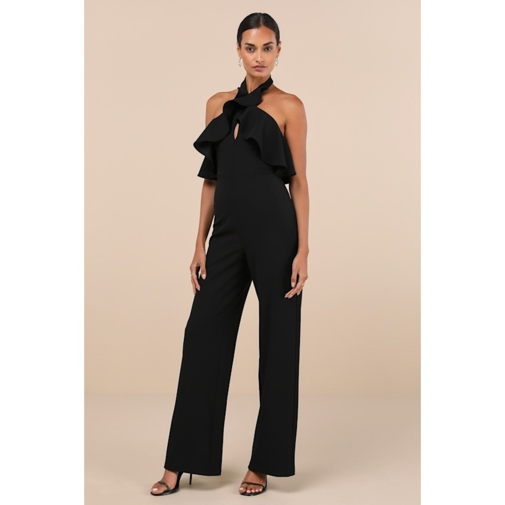 Lulus Elegant Flair Black Ruffled Wide-leg Halter Jumpsuit - Size M